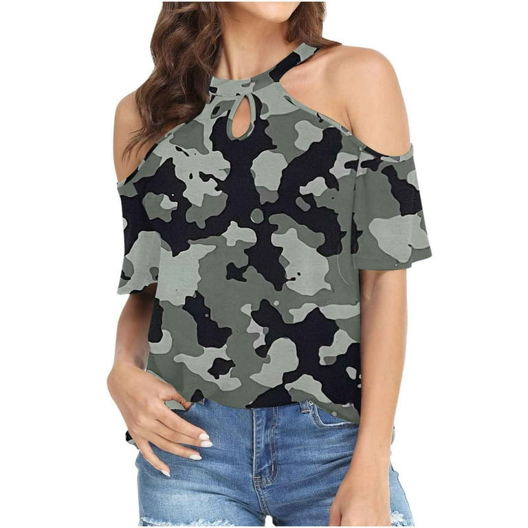Yyeselk Cold Shoulder Tops for Women Casual Keyhole Round Neck Short Sleeves Comfy Shirts Trendy Gradient Color Solid Cotton Summer Blouses Gray S Walmart