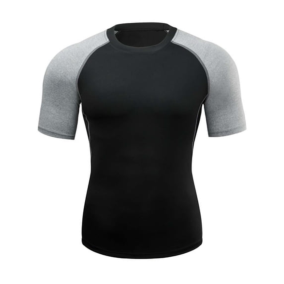 Yyeselk Compression Shirts for Men Stretch Short Sleeve Color Block Athletic Workout Shirts Quick Dry Sports Undershirts Gym Tops Gray S