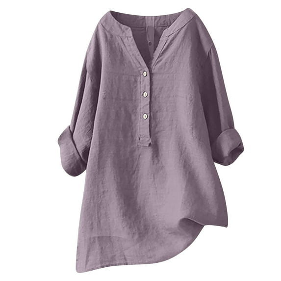 Yyeselk Cotton Linen Blouses for Women Casual Button up V-Neck Roll up Cuff Sleeves Shirts Trendy Pure Color Summer Ladies Tunic Tops Coffee XXXL