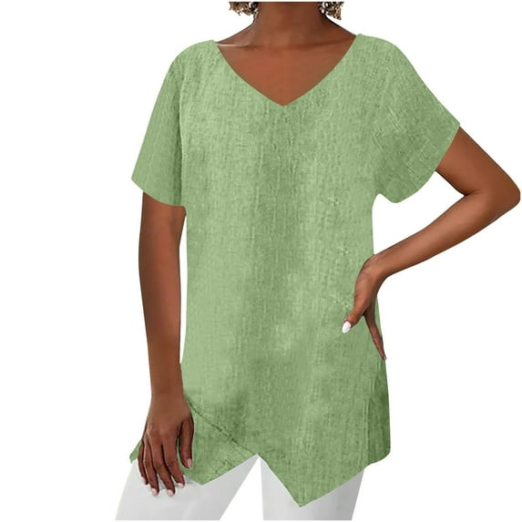 Yyeselk Cotton Linen Blouses for Women Summer Casual Sexy V-Neck Short Sleeves Shirts Fashion Pure Color Asymmetric Hem Tops Tunic Green XXL
