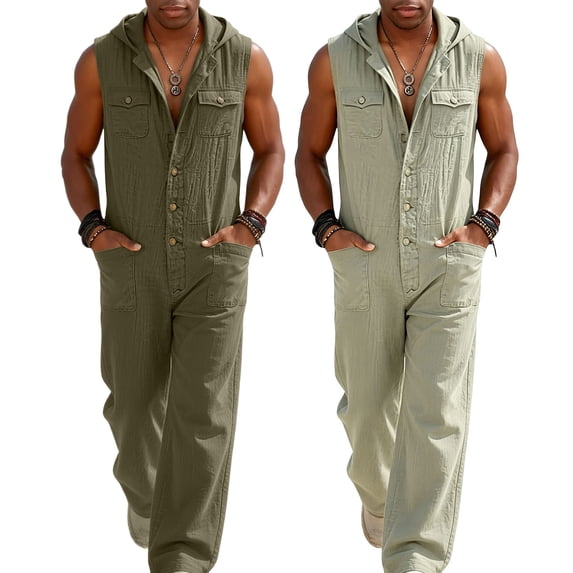 Yyeselk Cotton Linen Hooded Jumpsuit for Men Sleeveless V Neck Button Down Wide Leg Loose Fit Lightweight Casual Overall with Multi Pockets Brown XL