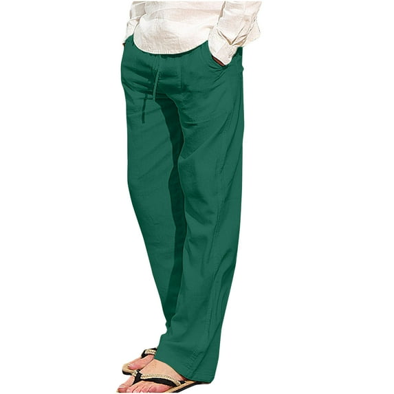 Yyeselk Cotton Linen Pants for Men Relaxed Fit Drawstring Elastic Waist Straight Trousers Casual Lightweight Pockets Lounge Pants Green XXXL