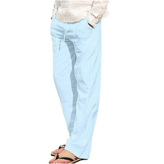 Yyeselk Cotton Linen Pants for Men Relaxed Fit Drawstring Elastic Waist Straight Trousers Casual Lightweight Pockets Lounge Pants Light Blue XXXXXL