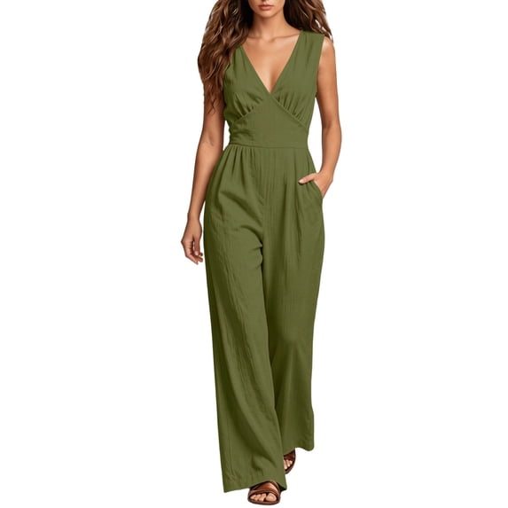 Yyeselk Cotton Linen V Neck Sleeveless Jumpsuit for Women Wide Leg Relaxed Fit Dressy Casual One Piece Romper Outfits with Pockets Army Green M