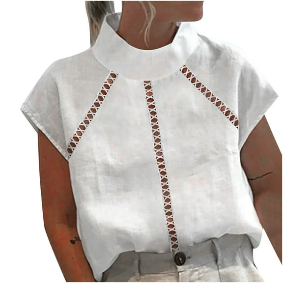 Yyeselk Crochet Eyelet Patchwork Summer T-Shirt for Women Casual Cap Short Sleeves Cozy Blouses Trendy Pure Color Cotton and Linen Tops White XXXXL