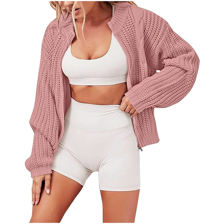 Yyeselk Cropped Cardigan for Women Full Zip Up Crewneck Loose