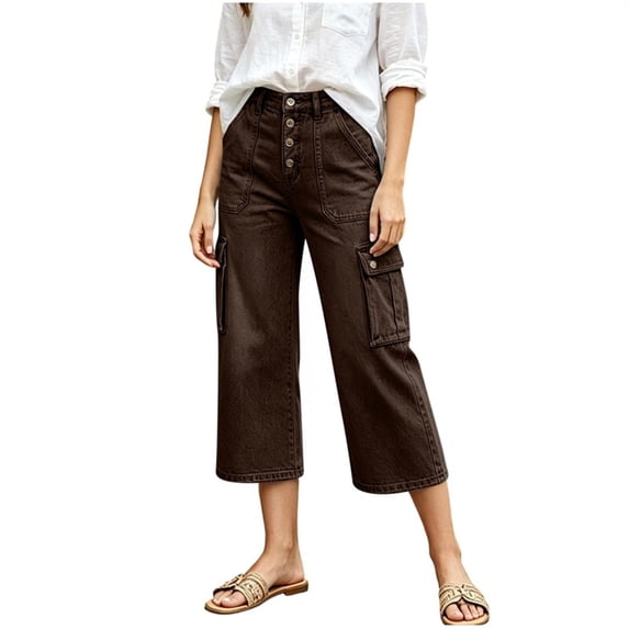 Yyeselk Cropped Jeans for Women Casual High Waisted 4 Button Down Straight Wide Leg Pants Loose Fit Cargo Denim Pants with Multi Pockets Coffee S