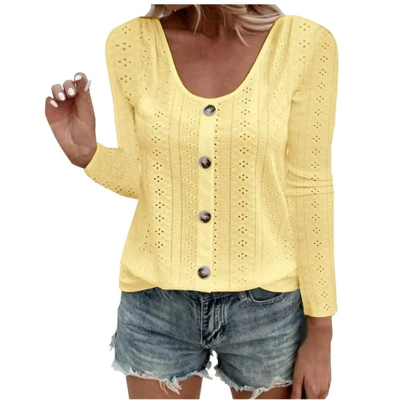 Yyeselk Fall Tops for Women 2023 Crochet Eyelet Tees for Women Lace V Neck Work Shirts Summer Ruffled Long Sleeve T-Shirt Button down Blouses Yellow XXL