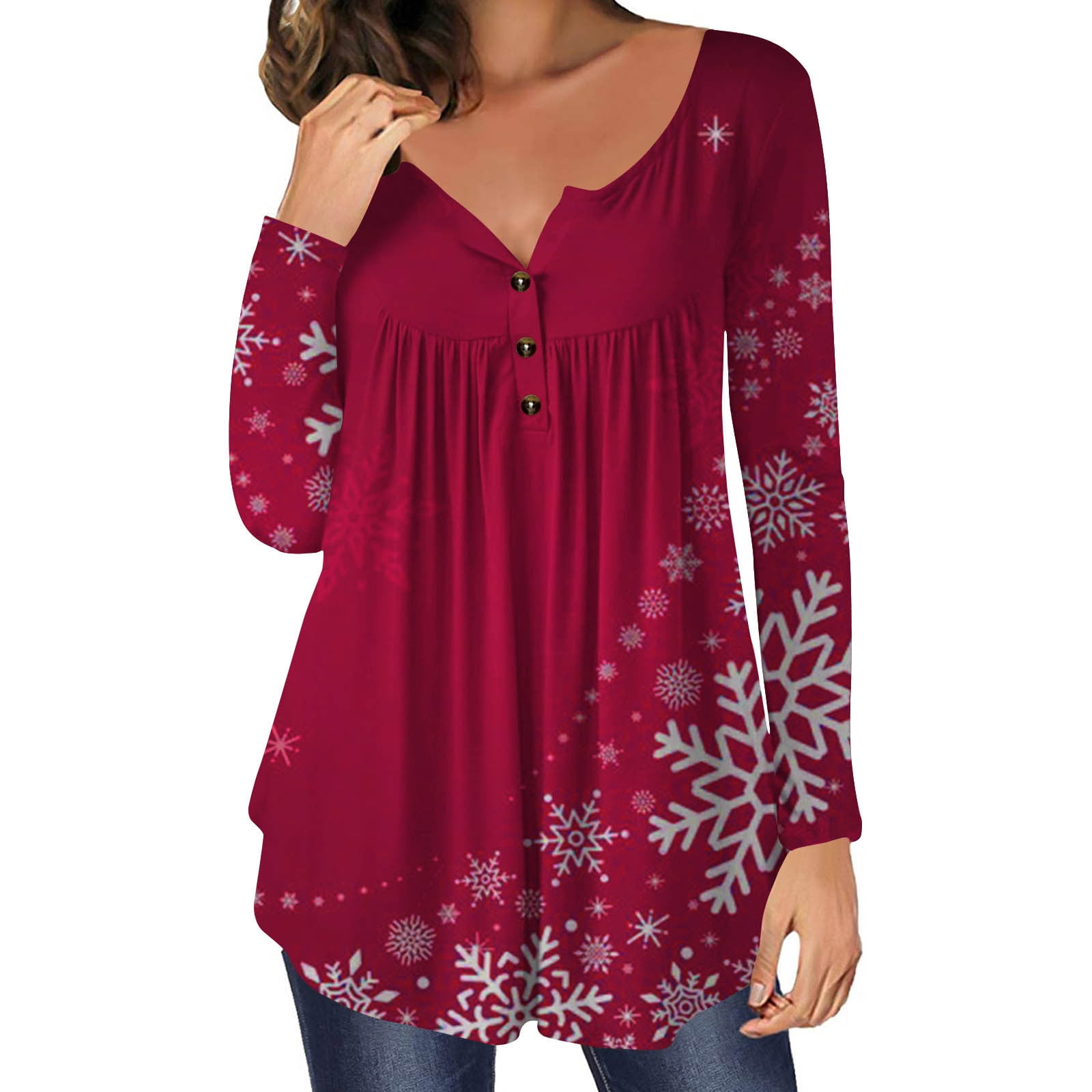 Yyeselk Fall Tops for Women Cute Button Up Christmas Printed Crew Neck