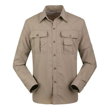 Yyeselk Fishing Shirts for Men Buttons Pockets Dismountable Long Sleeve Cargo Shirts Casual Quick Dry Hiking Shirts UPF 50+ UV Work Shirts Khaki L