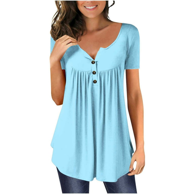 Yyeselk Flowy Blouses for Women Casual Short Sleeves Button up V Neck Pullover Shirts Trendy Pure Color Pleated Flare Tunic Tops Loose Fit Light Blue
