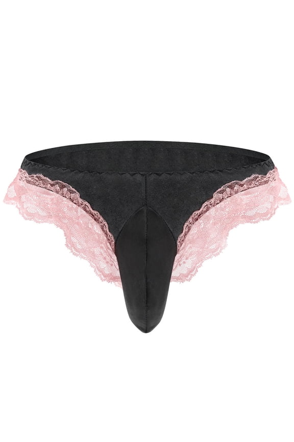 Frilly Lace Floral Bulge Pouch Thong Panties for Men Maid Cosplay Crossdress Lingerie Briefs Underwear Black Free Size