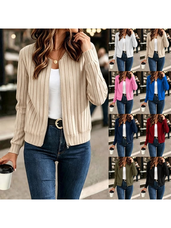 Full Zip Up Cardigan Sweater for Women Lightweight Casual Long Sleeve Jackets Striped Knitted Stretch Tops with Pockets White M