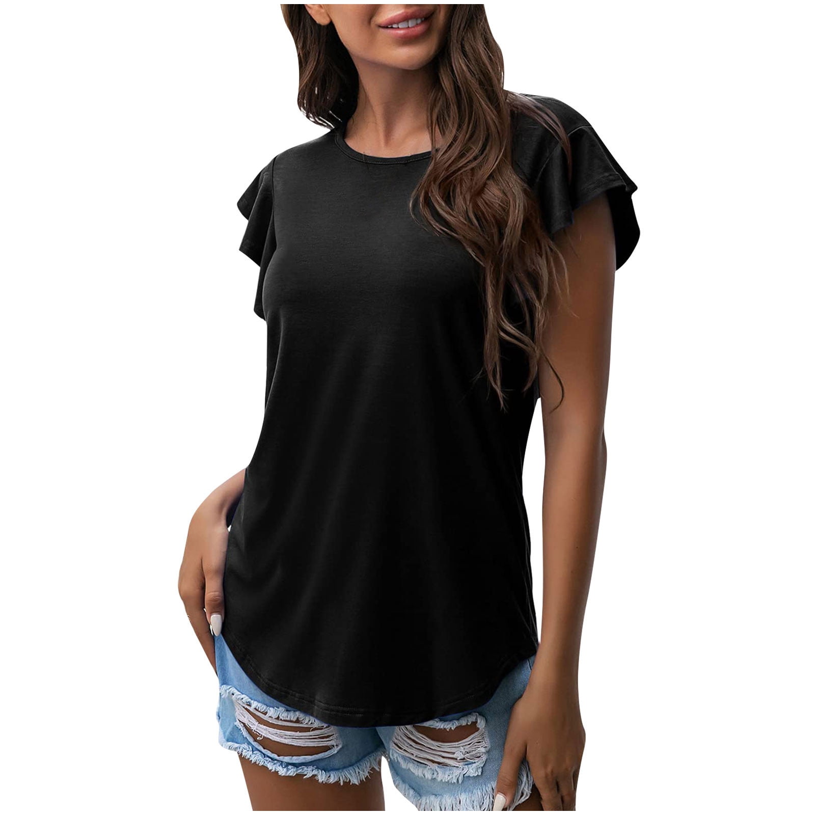 Yyeselk Going out Tops for Women Casual Ruffle Short Sleeves Crew Neck