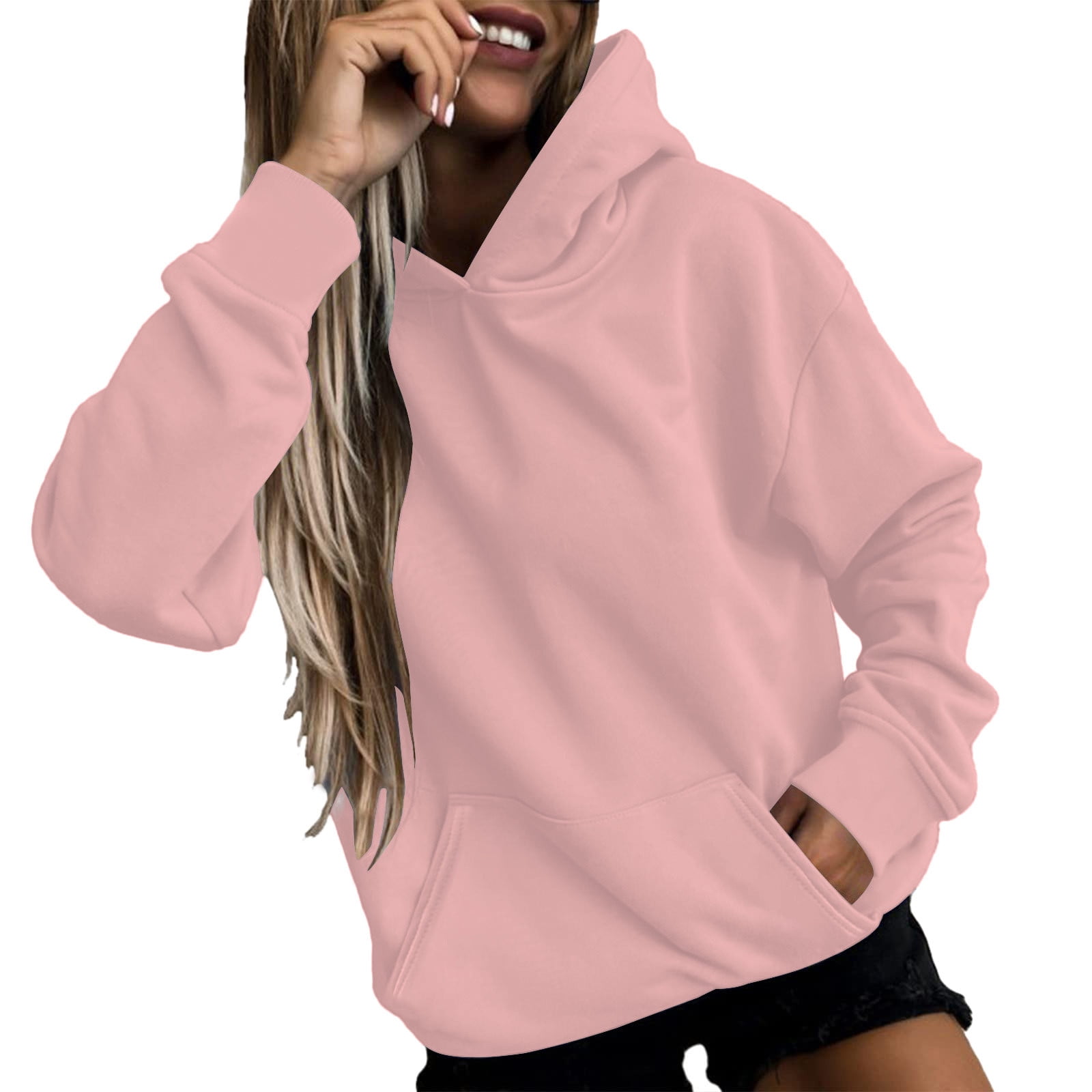 Yyeselk Hoodies for Women Solid Color Tops Pullover Hooded Sweatshirt with  Pocket Casual Loose Fit Long Sleeve Blouse Shirt Hoodie Sweatshirts  White#01 M 