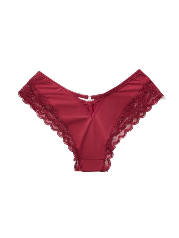 Lace Bikini Underwear for Women Seamless Comfortable Curved Waistband Metal Ring Underpants Red XL
