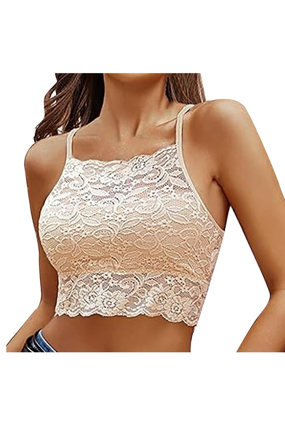 Lace Bralette for Women High Neck Backless Sexy Wireless Camisoles Racerback Spaghetti Strap Double-Layered Y2K Crop Top Beige S