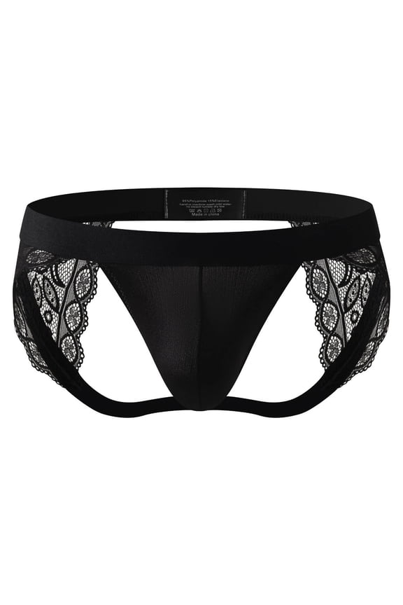 Lace Briefs Underwear for Men Low Rise Mesh See Through Bulge Pouch Silky Underpants Black XXL