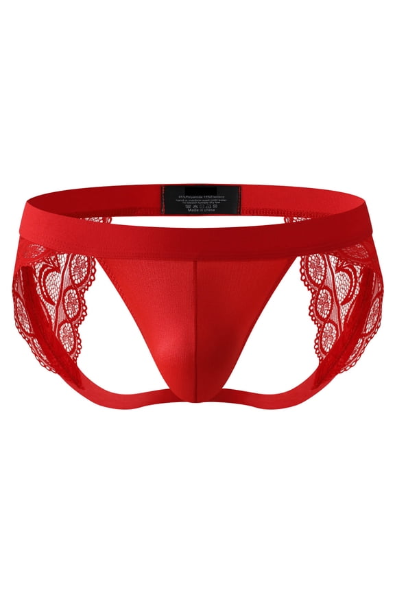 Lace Briefs Underwear for Men Low Rise Mesh See Through Bulge Pouch Silky Underpants Red L