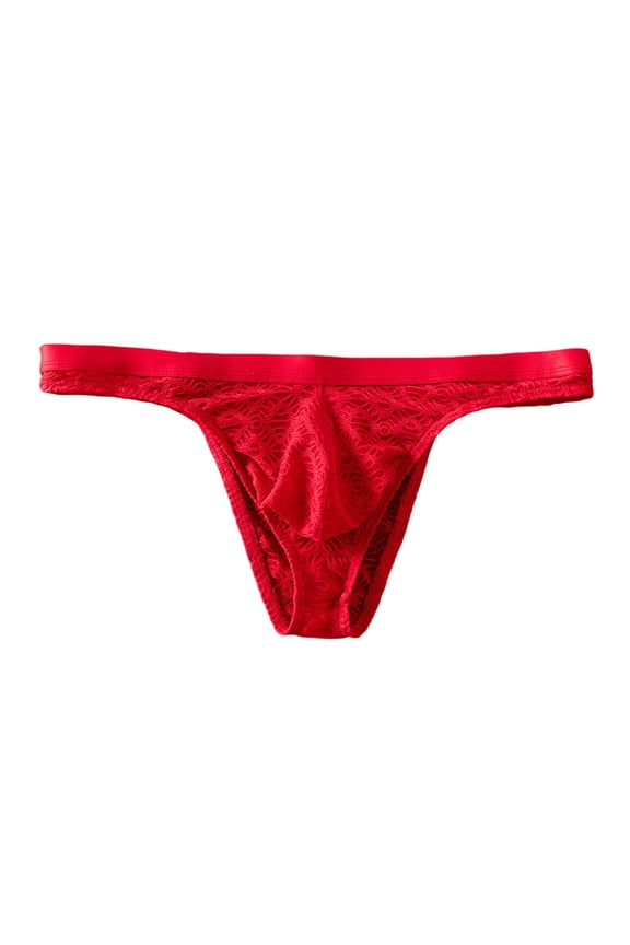 Lace Thong for Men Low Rise Bulge Pouch Panties Mesh Lightweight Breathable Underwear Red M