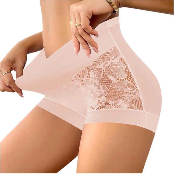 Yyeselk Lace Trim Mesh High Waisted Underwear for Women Full Coverage Ladies Panties Tummy Control Butt Lifter Briefs See Through Underpants Pink L