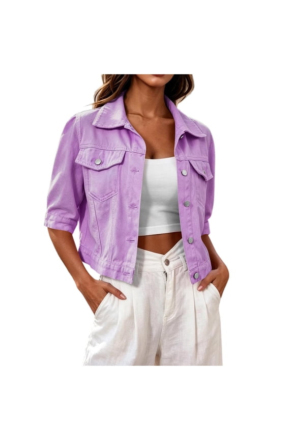 Large Size (S-5XL) Cropped Jean Jackets for Women Half Sleeve Collared Fashion Short Denim Jacket Buttons Down Fitted Stretchy with Button Flap Pockets Purple S