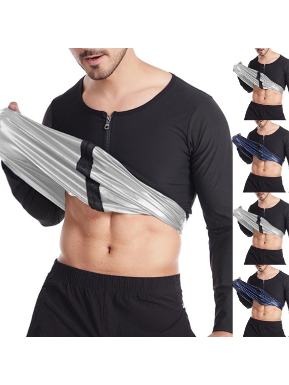 Large Size (S-5XL) Sauna Suit for Men Long Sleeve Full Zip Heat Trapping Sweat Suit Weight Loss Body Shaper Hot Workout Gym Compression Shirts Blue XXXXXL