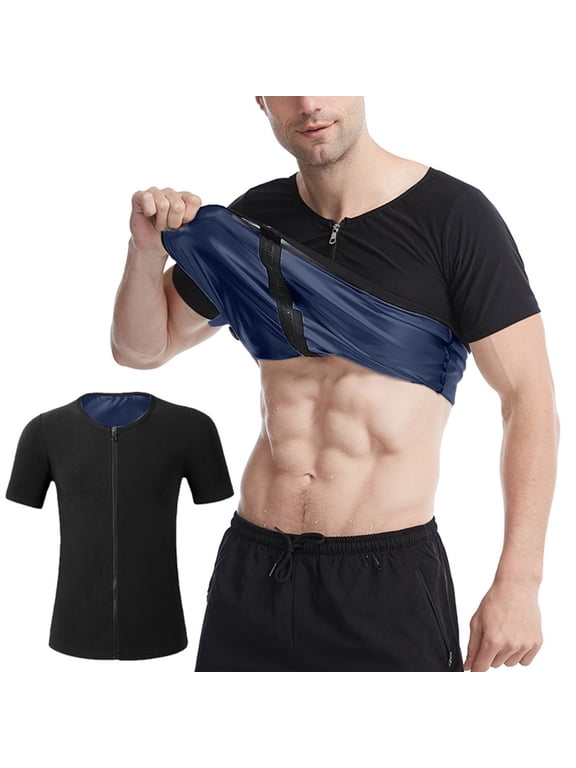 Large Size (S-5XL) Sauna Suit for Men Short Sleeve Full Zip Heat Trapping Sweat Suit Weight Loss Body Shaper Hot Workout Gym Compression Shirts Blue M