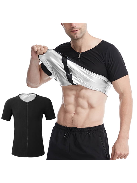 Large Size (S-5XL) Sauna Suit for Men Short Sleeve Full Zip Heat Trapping Sweat Suit Weight Loss Body Shaper Hot Workout Gym Compression Shirts Silver M
