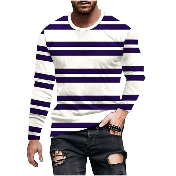 Yyeselk Long Sleeve T-Shirts for Men Striped Color Block Comfy Lightweight Shirts Casual Round Neck Slim Fit Classic Design Soft Breathable Pullover Tees Purple M