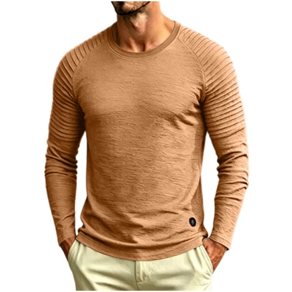 Yyeselk Men Muscle Fit T-Shirt Pleated Raglan Sleeve Bodybuilding Gym Tee Long Sleeves Crew Neck Fashion Workout Shirts Hipster Tops Khaki XXXL
