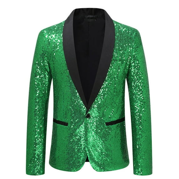 Yyeselk Men Shiny Sequin Blazer Tuxedo Party Dinner Prom One Button Dress Suit Jacket Green XL
