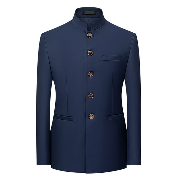 Yyeselk Men's Chinese Tunic Suits Stand Collar Formal Jacket Slim Fit Front Button Blazer Traditional Uniform Groom Dress Dark Blue XXXL