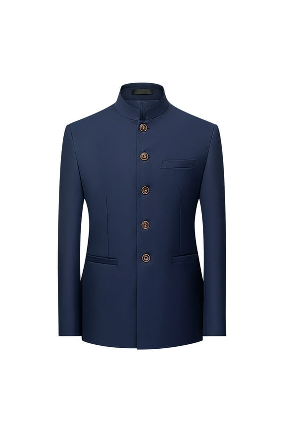 Men's Chinese Tunic Suits Stand Collar Formal Jacket Slim Fit Front Button Blazer Traditional Uniform Groom Dress Dark Blue XXXXL