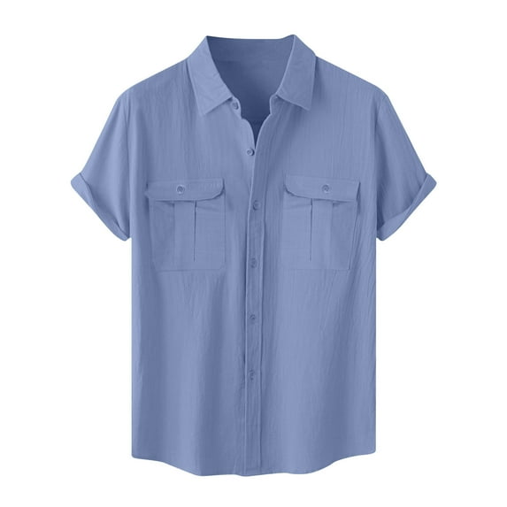 Yyeselk Men's Cotton Linen Shirts Short Sleeve Casual Vintage Button Down Shirts Loose Fit Lightweight Summer Vacation Beach Shirt with Pocket Blue XXXXXL