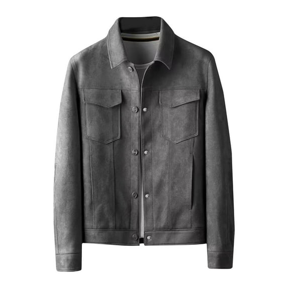 Yyeselk Men's Faux Suede Leather Jacket Trucker Coat Slim Fit Lapel Collar Long Sleeve Vintage Cargo Coat Spring Fall Casual Business Outwear Gray L