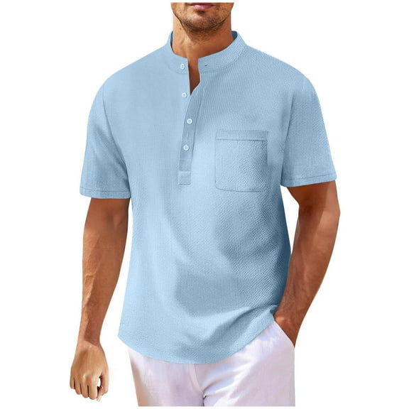 Yyeselk Men's Henley Shirt Waffle Short Sleeve Casual Summer Beach Hippie T Shirts Button Up Stand Collar Relaxed Fit Vacation Shirts Light Blue XXXL
