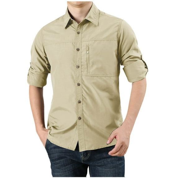 Yyeselk Men's Hiking Shirts Lightweight Quick Dry Long Sleeve Button Down Lapel Zipper Pocket Cargo Shirt Sun Protection 50 Outdoor Fishing Shirt Khaki M