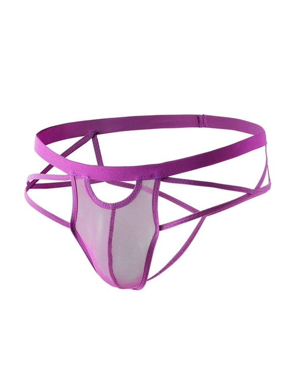 Men's Jockstrap Thong Underwear Mesh Lingerie with Strappy Back G String and U Convex Pouch Purple Free Size