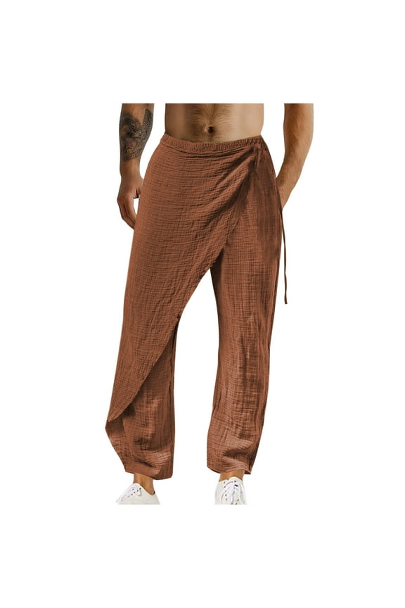 Men's Linen Wrap Pants Casual Elastic Waist Drawstring Lightweight Trousers Loose Straight Legs Beach Yoga Pants with Pockets Brown M
