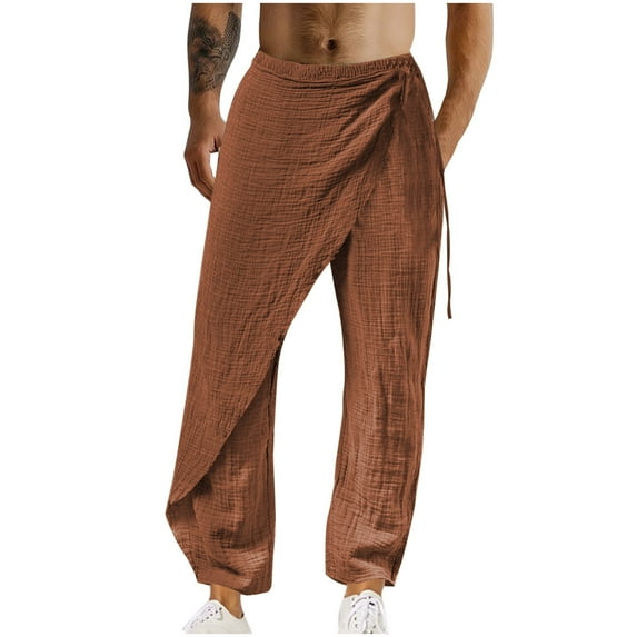 Yyeselk Men's Linen Wrap Pants Casual Elastic Waist Drawstring Lightweight Trousers Loose Straight Legs Beach Yoga Pants with Pockets Brown XXXL