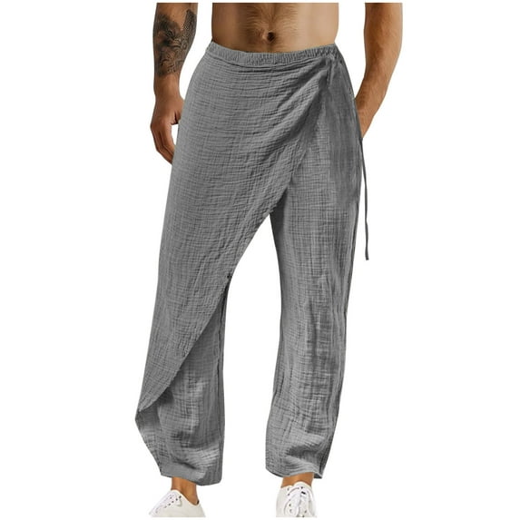 Yyeselk Men's Linen Wrap Pants Casual Elastic Waist Drawstring Lightweight Trousers Loose Straight Legs Beach Yoga Pants with Pockets Gray XXXL