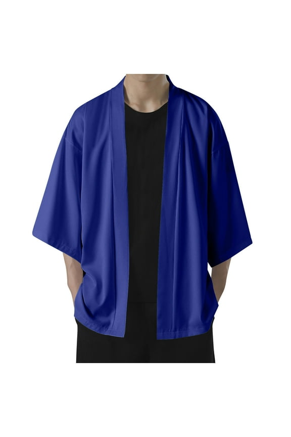 Men's Long Oversized Kimono Cardigan Open Front Lightweight Street Jacket Man Yukata Coat Blue M