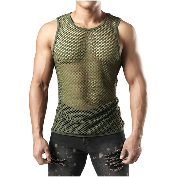 Yyeselk Men's Mesh Fishnet Fitted Sleeveless Muscle Top See Through Shirts Workout Gym Hollow Out Crew Neck Tee Clubwear Green L