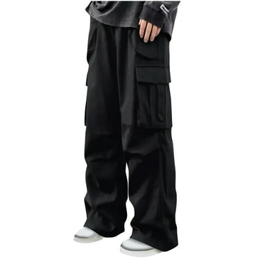 Yyeselk Men's Parachute Pants Drawstring Elastic Waist Flap Pockets Baggy Cargo Pants Casual Wide Leg Outdoor Joggers Hiking Trousers Streetwear Black M