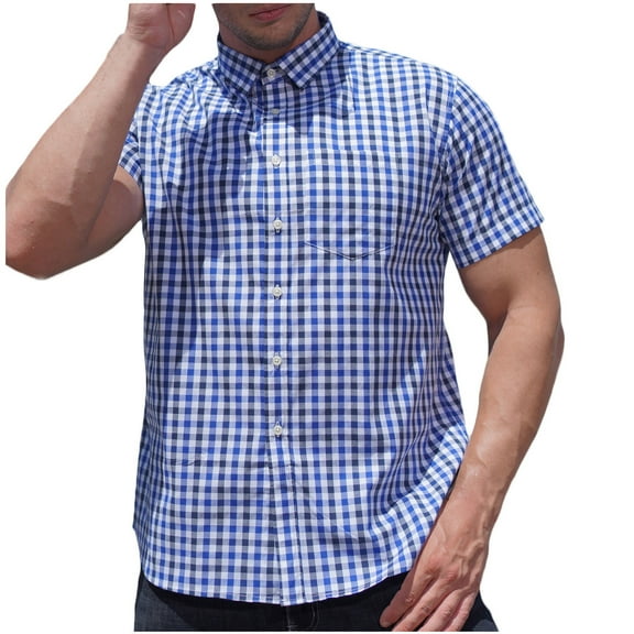 Yyeselk Men's Plaid Shirt Short Sleeve Button Down Shirts Cotton Regular Fit Casual Big and Tall Business Office Work Shirts Blue XXXL