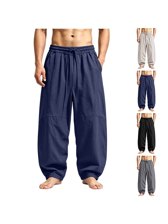 Men's Plus Size (M-5XL) Hippie Harem Pants Loose Fit Breathable Drawstring Drop Crotch Stretch Barrel Trousers Navy XL