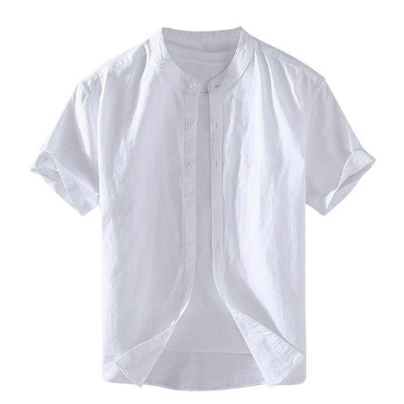 Yyeselk Men's Shirts Banded Collar Casual Button Down Shirts Short Sleeve Casual Solid Color Basic Relaxed Fit Summer Vacation Beach Shirt White XL