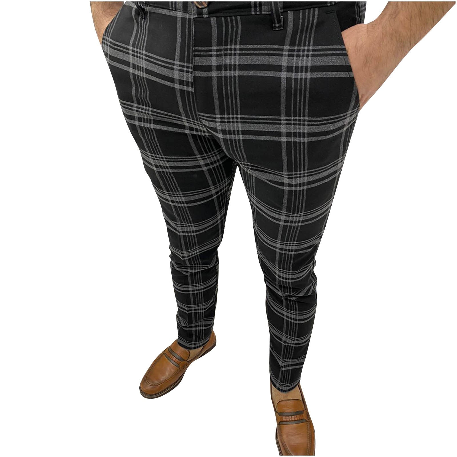 Yyeselk Men's Slim Fit Suit Pants Stretch Flat-Front Stripe Plaid Dress  Pants Skinny Casual Business Work Trousers Black S
