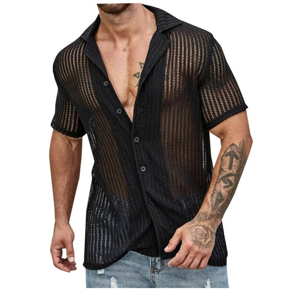 Yyeselk Men's Summer Beach Shirt Stylish Hawaiian Short Sleeve Casual Button Down Knit Shirts Cutout See Through Sheer Shirts Black XL